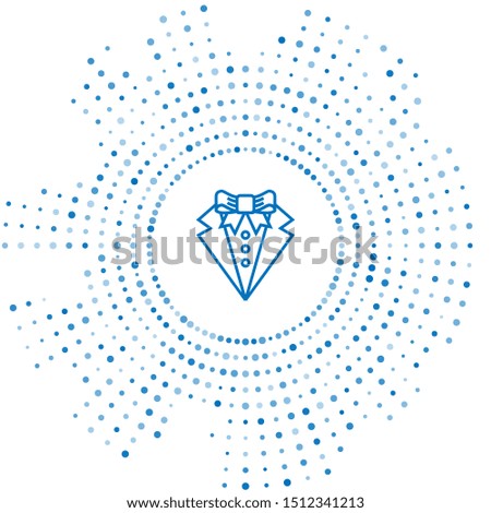 Blue line Suit icon isolated on white background. Tuxedo. Wedding suits with necktie. Abstract circle random dots. Vector Illustration
