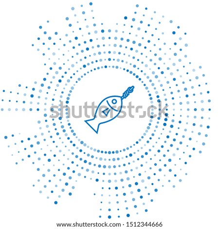 Blue line Fish on hook icon isolated on white background. Abstract circle random dots. Vector Illustration