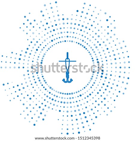 Blue line Fishing hook and float icon isolated on white background. Fishing tackle. Abstract circle random dots. Vector Illustration