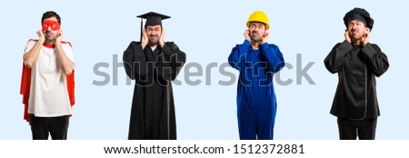 Group of chef, student, worker and super hero covering ears with hands. Frustrated expression