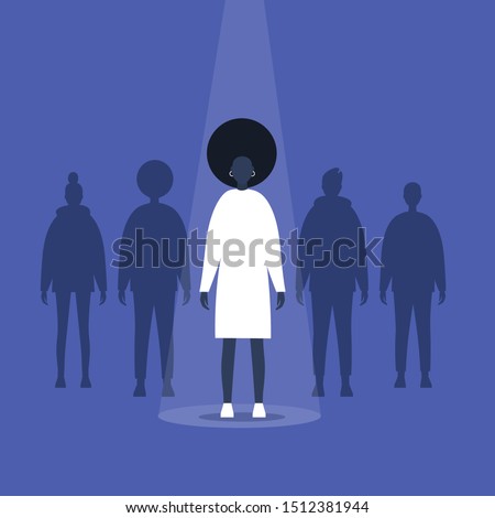 Fame. Black female character standing on a stage under the light beam. Outstanding qualities. Skill. Talent. Flat editable vector illustration, clip art