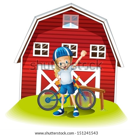 Illustration of a female biker standing in front of the red barnhouse on a white background