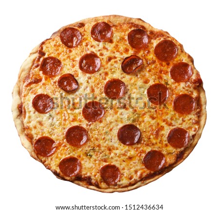 A fresh homemade three cheese pepperoni pizza, made with Parmesan, Mozzarella, and Gorgonzola, isolated on white.