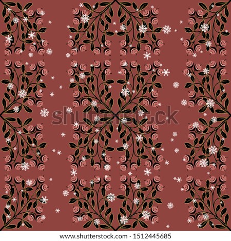 Seamless geometrical floral pattern with silhouetted square motifs and snowflakes. Ornate tree branches with berries.
