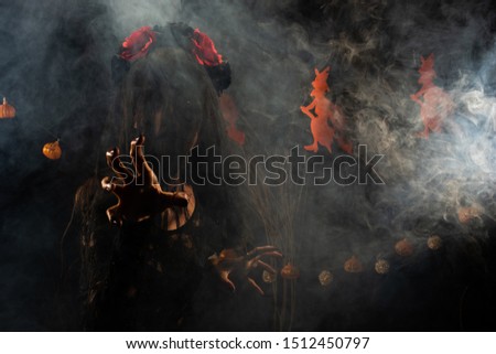 Black Widow veil Ghost girl cover face fresh Wound on face dress come in shadow silhouette as scary and want to revenge in Haunted house, Halloween background with witch and pumpkin garland smoke