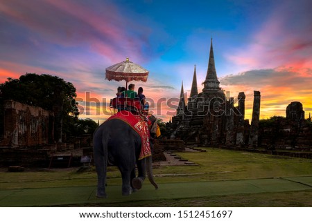Foreign tourists Elephant ride to visit Ayutthaya, There are ruins and temple in the Ayutthaya period.Concept is Travel in temple phar sri sanphet.
