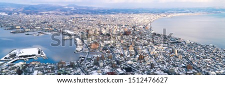 Tilt shift effect of Hakodate bay cityscape dramatic scene  view from observation point up on mountain. Famous destination panorama of town and sea. Skylight before  banner background. Hokkaido, Japan