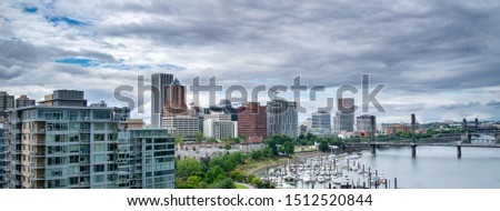 Aerial Panoramic View of Downtown Portland and Willamette River - Portland, Oregon, USA