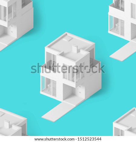 Seamless texture with isometric image of a modern small house on a rich blue background. 3D illustration