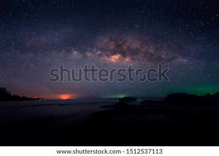 Milky way rise above sea. Beautiful view for background. soft focus and noise due to long expose and high iso.
