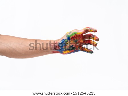 Man hand in colorful on white background