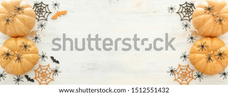 holidays Halloween image. pumpkin, bats and spiders over wooden white table. top view, flat lay. banner