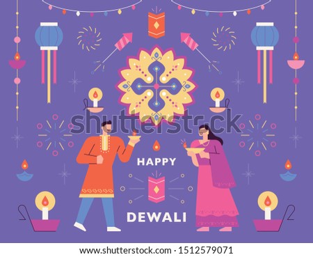 Beautiful decoration patterns of the diwali festival. Post card template.flat design style minimal vector illustration.
