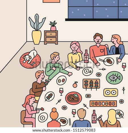 Many people are sitting at a large dining table having dinner. flat design style minimal vector illustration.