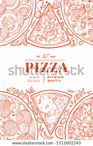 Vector Italian pizza banner template. Hand drawn vintage illustration. Italian food design. Can be use for menu, packaging for caffe, restaurant, pizzeria