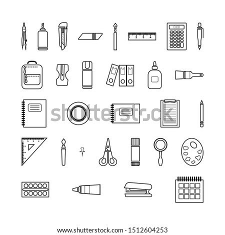 Stationery set of icons. Linear black and white vector isolated illustration.
