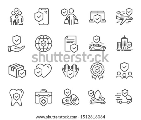 Insurance line icons. Health care, risk, help service. Car accident, flood insurance, flight protection icons. Safety document, money savings, delivery risk. Car full coverage. Vector Royalty-Free Stock Photo #1512616064