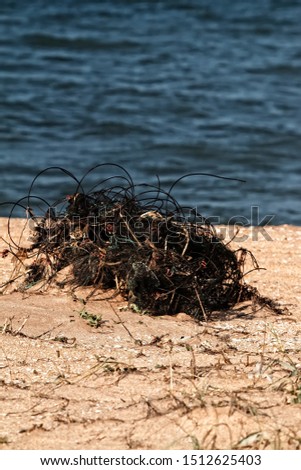 The fishing net is abandoned on the shore. Cheap (disposable) nets pollute water bodies and kill many fish