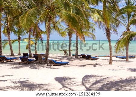 Chairs and green trees on a white sand beach. Watamu, Kenya  Royalty-Free Stock Photo #151264199