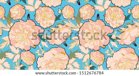 Romantic elegant festive peony botanical pattern, modern peony blossom in pastel tones. With butterfly, ladybug and caterpillar. For wallpaper, stationary, event, wedding, fashion.