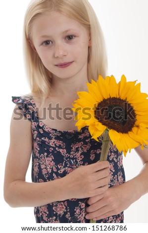 pretty blonde girl with sunflower isolated on white background