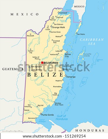 Belize Political Map - Political map of Belize with the capital Belmopan, national borders, most important cities, rivers and lakes. Vector illustration with english labeling and scale. Royalty-Free Stock Photo #151269254