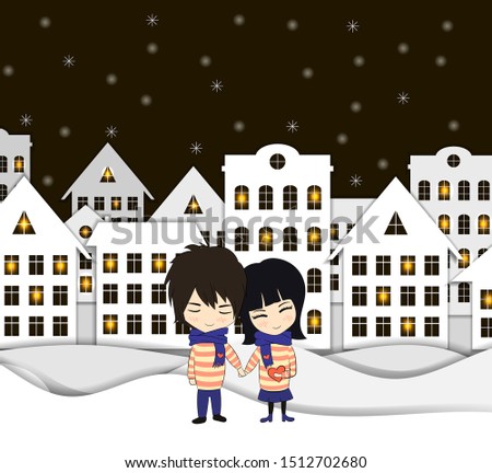 Vector Paper Art Style Winter in the Village with Couple of Lovers, Cute Illustration Template, Colorful Lights in the Windows.