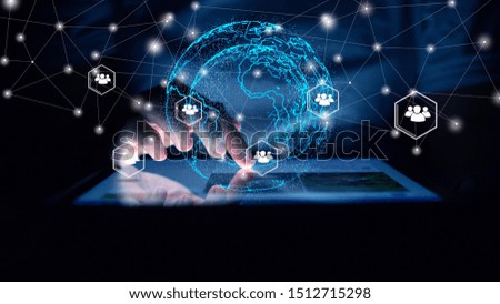 Hand using tablet connecting, Social network concept
