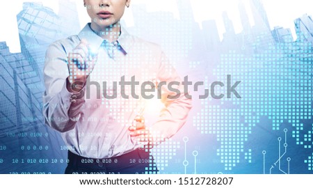 Unrecognizable young businesswoman working with digital world map in modern city. Concept of internet connection and global business. Toned image double exposure