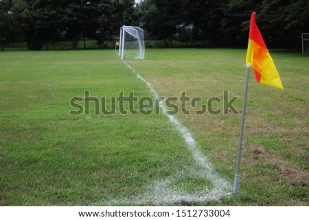 In the corner of the football field, there is a green grass with red and yellow flags