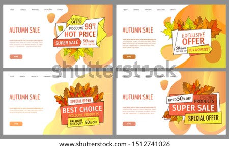 Set of cards with seasonal proposition from store, vector. Shop sale in autumn. Autumnal offer discounts. Fall leaves with gold tags. Flyer hot price and lowered cost, promotion premium quality goods