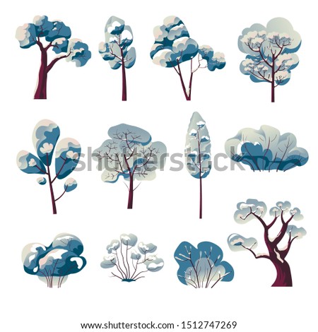 Winter bare trees, seasonal nature, snow on wood, snowflake and plants isolated icons vector. Bushes and oak, forest vegetation and cold weather. Trunks with branches and snowfall, leafless woods