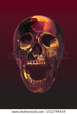 Stylized engraved drawing on red orange wireframe polygonal screaming human skull front view illustration isolated on dark red background