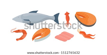 Natural seafood vector illustrations set. Whole fish, squid and shrimp. Delicious fish market products, marine cuisine restaurant menu design elements. Crab legs, fish slices and salmon fillet.