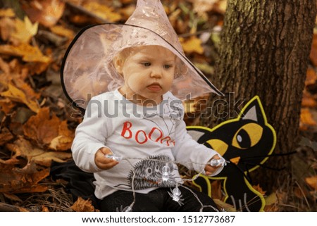 Baby girl in Halloween costume in autumn forest.