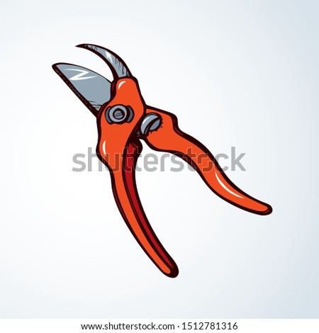 Old steel orange lop mower plier logotype on white space for text. Bright red color drawn sharp tree twig grow snip object logo pictogram emblem in clip art vintage doodle cartoon style. Closeup view