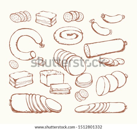 Dry fat pig leg jerky ribeye cured snack slice on white backdrop. Line red hand drawn natural cut lamb rib belly brisket filet bread deli shop grocery lunch menu sign icon logo as retro cartoon sketch