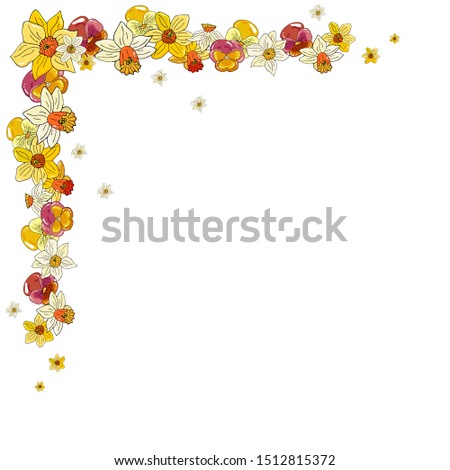 Vector corner frame wreath of narcissus and pansy isolated on white. Fresh and bright floral frame. Yellow, pink and orange color