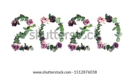 Year 2020, photo number design with leaves and flowers on white background. 