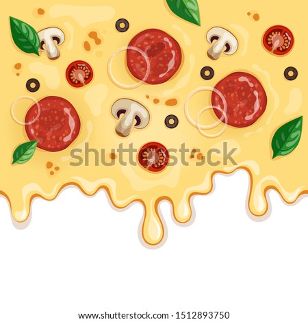 Vector illustration of pizza topping with sausages slices, mushrooms, onion, and tomatoes is flowing down. Italian pizza background.