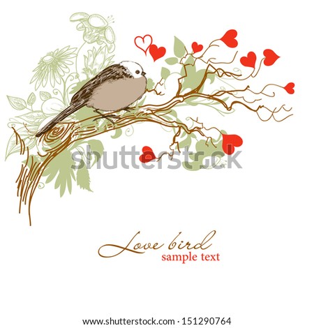 Love bird on a tree branch with hearts