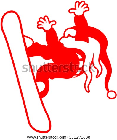 Brave snowboarder with a long white beard and a long red hat while executing a stunning jump in a stylish pose and wearing a Christmas Santa costume