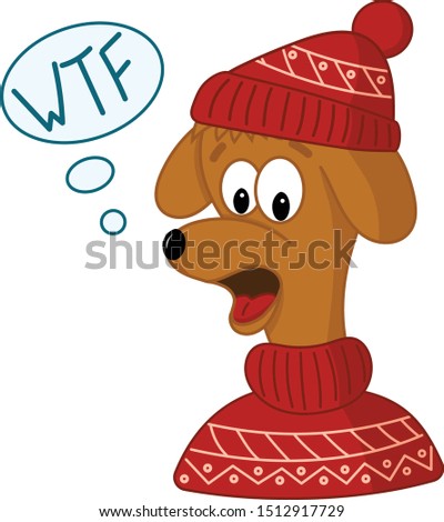 Dog in red hat and sweater with surprised expression faces. Emotions of the character. Vector illustration.