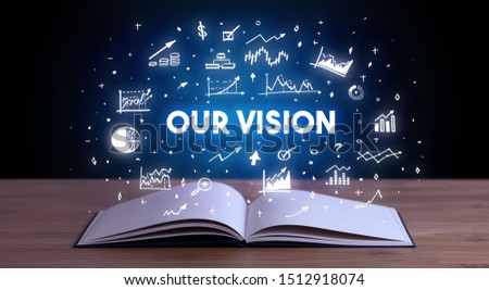 OUR VISION inscription coming out from an open book, business concept