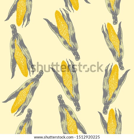 Vector set of seamless patterns with wonderful colorful corn, hand-drawn in graphic and real-style at the same time. Seasonal colors: gold, green. Tasty, appetizing, Ripe corn ears, season vegetable