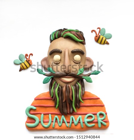 Plasticine character man with a summer beard and bees Royalty-Free Stock Photo #1512940844
