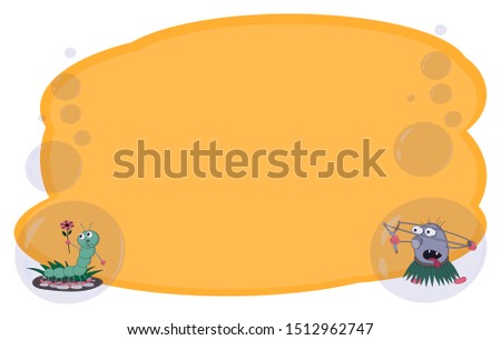 Frame for text and notes with cartoon characters caterpillar and stone with a slingshot on a yellow background in bubbles. Vector for banners or cards on different topics.