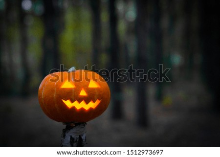 Scary Jack O Lantern halloween pumpkin with candle light inside. Symbol of halloween. Scary smile. Bad habits and addiction concept.