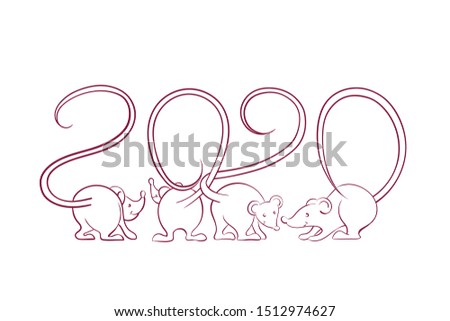 2020 Chinese New Year card with mouse silhouettes with tails that intertwist in the form of numbers isolated on a white background. Vector illustration. Design concept for holiday banner, decorative e