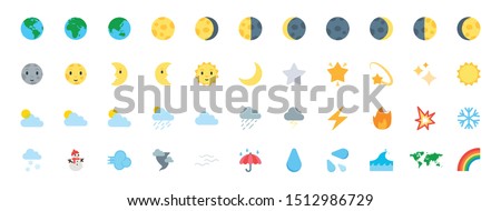 Earth, Planet Icons Vector Set. All Type of Moon Faces. Weather Icons Collection. Temperature, Cloud, Sky Symbols, Emojis Set Royalty-Free Stock Photo #1512986729